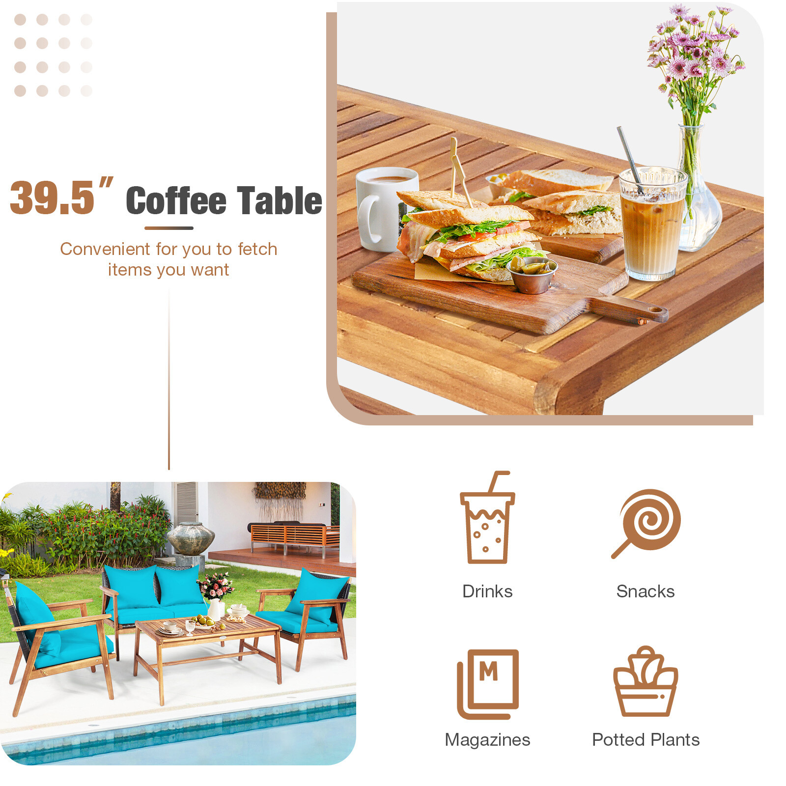 Patiojoy 4PCS Patio Rattan Furniture Set Wood Frame Cushioned Sofa with Coffee