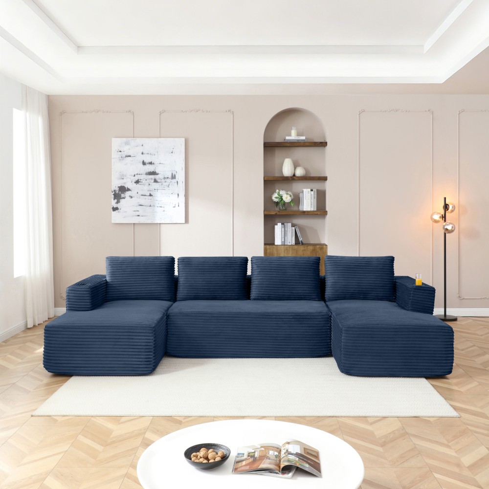 U-Shaped Modular Sectional Sofa w/ Chaise, Corduroy Fabric, Cup Holders, Blue