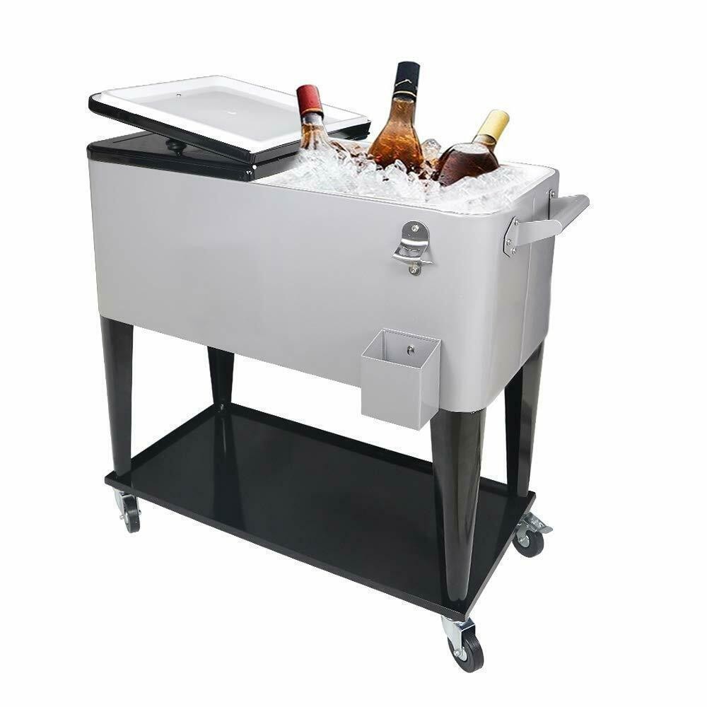 80 QT Rolling Warm Cooler Food Cart Ice Chest Patio Stainless Steel US SHIP