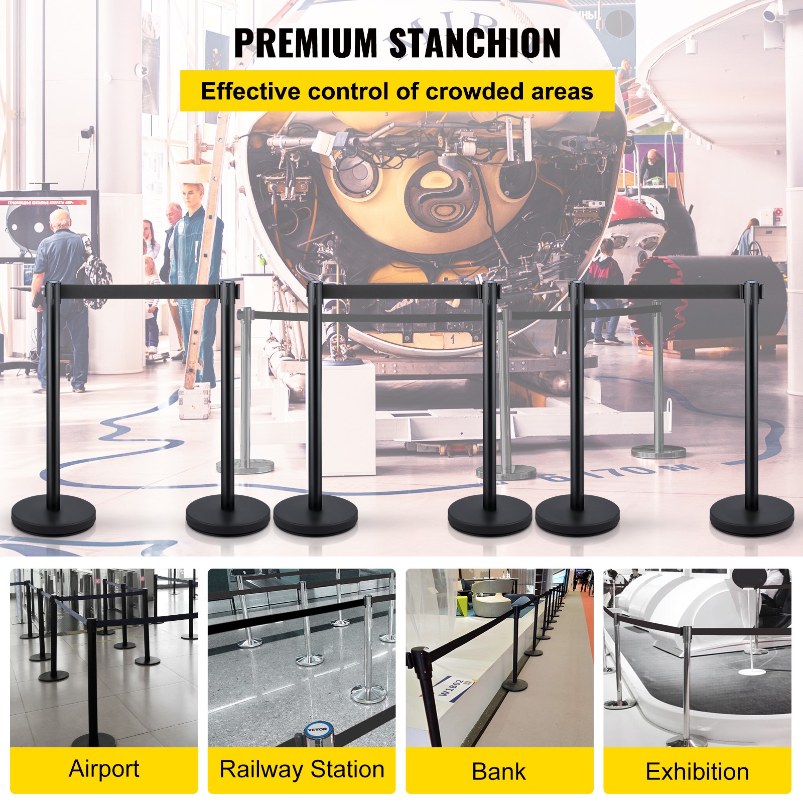 6Pack Crowd Control Barrier Queue Poles Black Retractable Belt Stanchion Posts