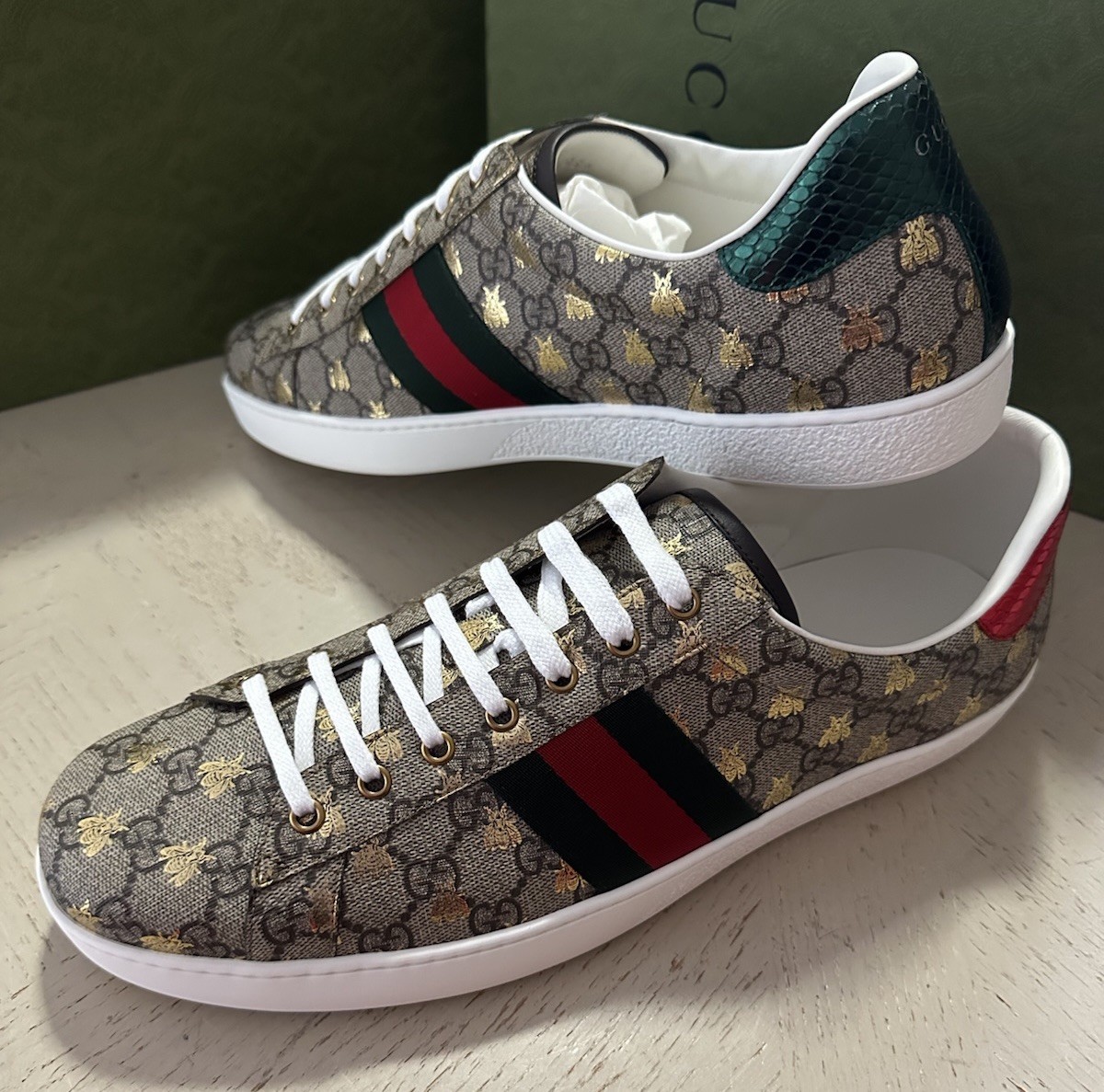 New Gucci Men GG Logo Bee Logo Canvas Leather Sneakers Beige 14.5 US/14 UK