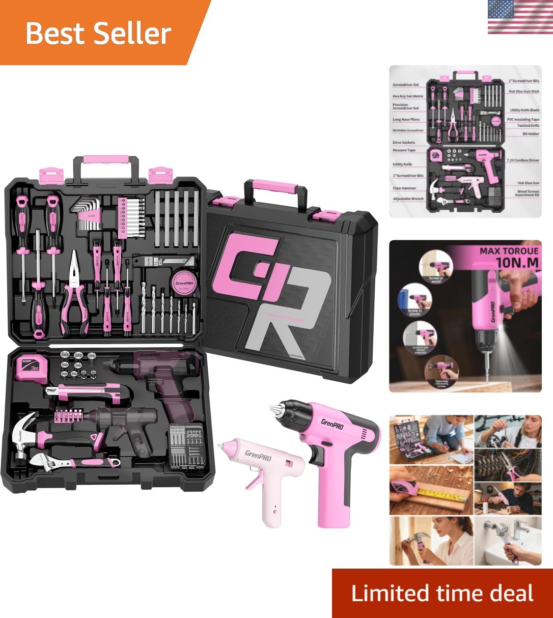 Pink Tool Set Drill Set, 188PCS Tool Kit For Home with Pink Cordless Drill Po...