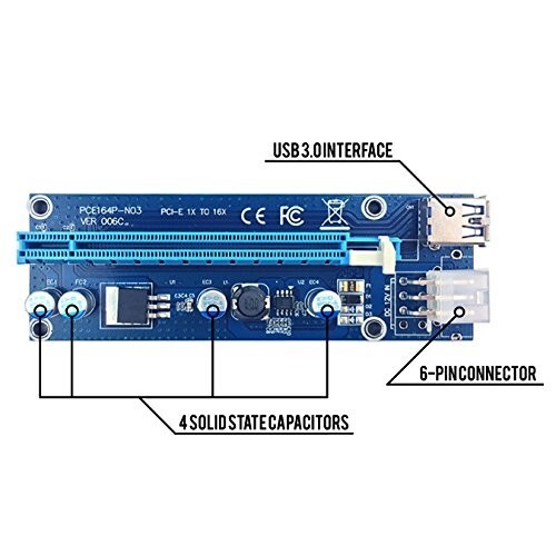 Equicomm PCI-E Riser Express Cable 16X to 1X 6 Pin Riser Adapter Card B07981TL8Y