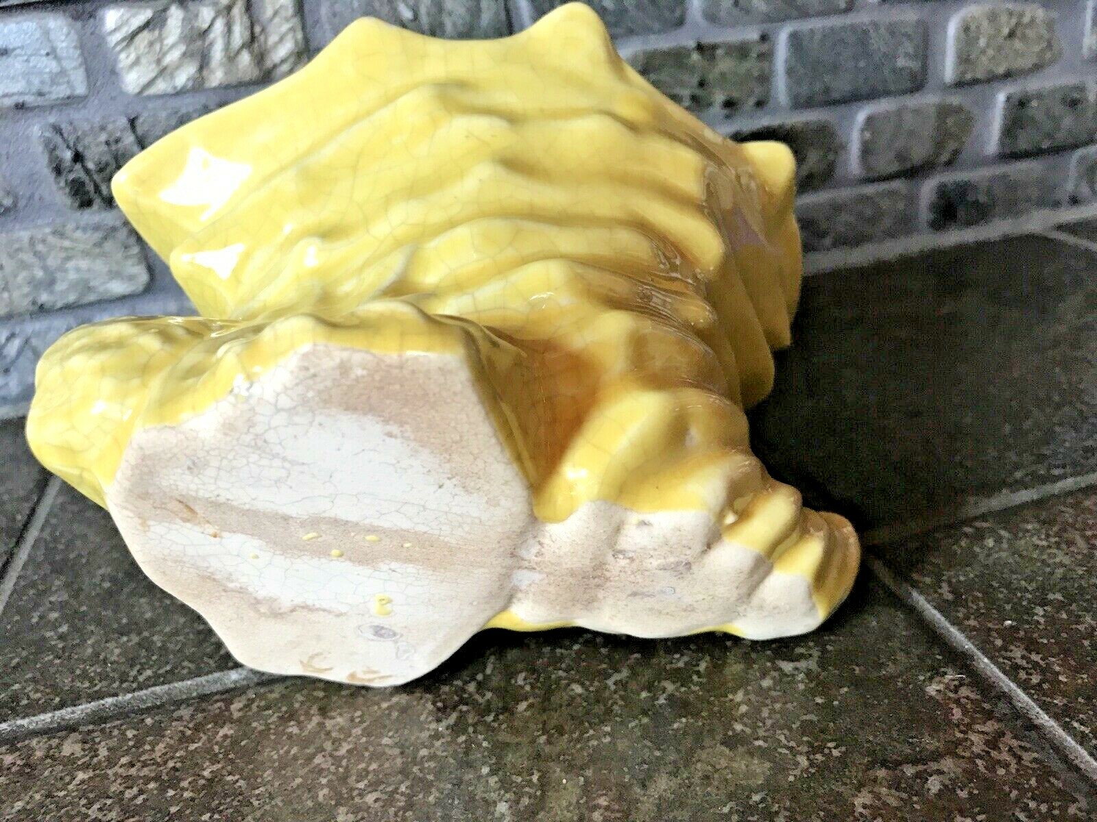 Vintage Cornucopia Planter Yellow Crackled Glaze Thanksgiving Fall Ceramic