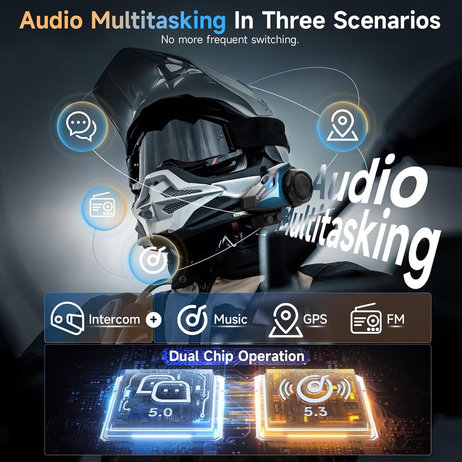 Moman H2E Motorcycle Helmet Wireless Headset Intercom Audio Multitasking 2Pack