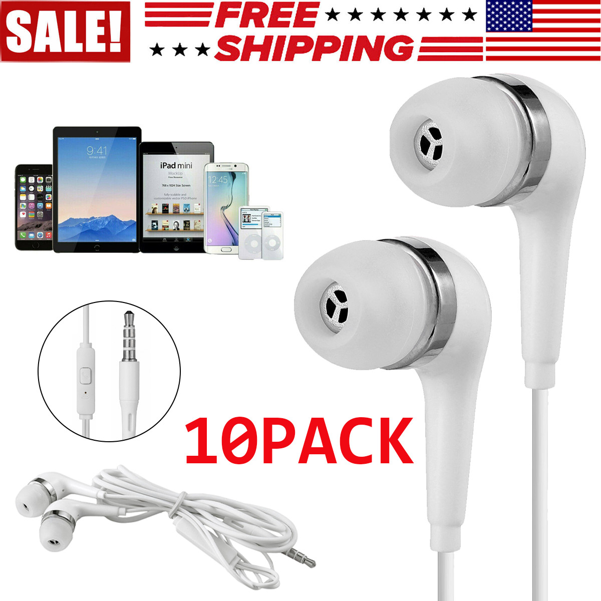 10Pcs Universal 3.5mm In-ear Stereo Earphone Earbuds W/ Mic For Samsung Iphone