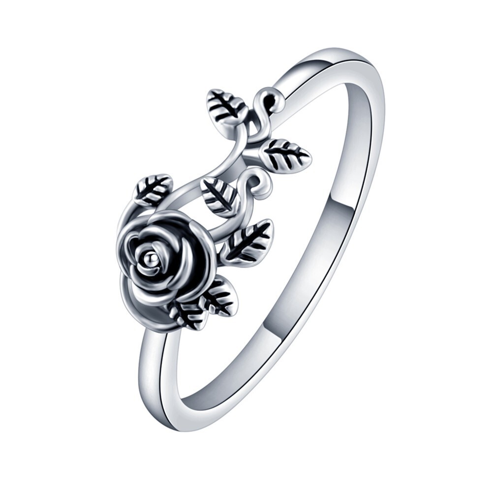 Ethnic Style Dainty Rose Flower Promise Ring Silver Plated Vintage Style Ring