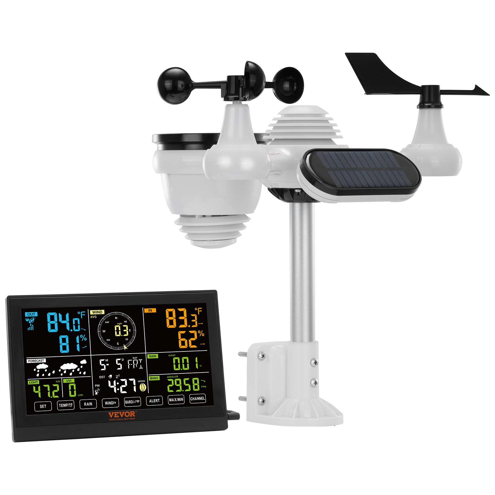 7-in-1 Wireless Weather Station 7.5" Color Display Indoor Outdoor Forecast Alarm