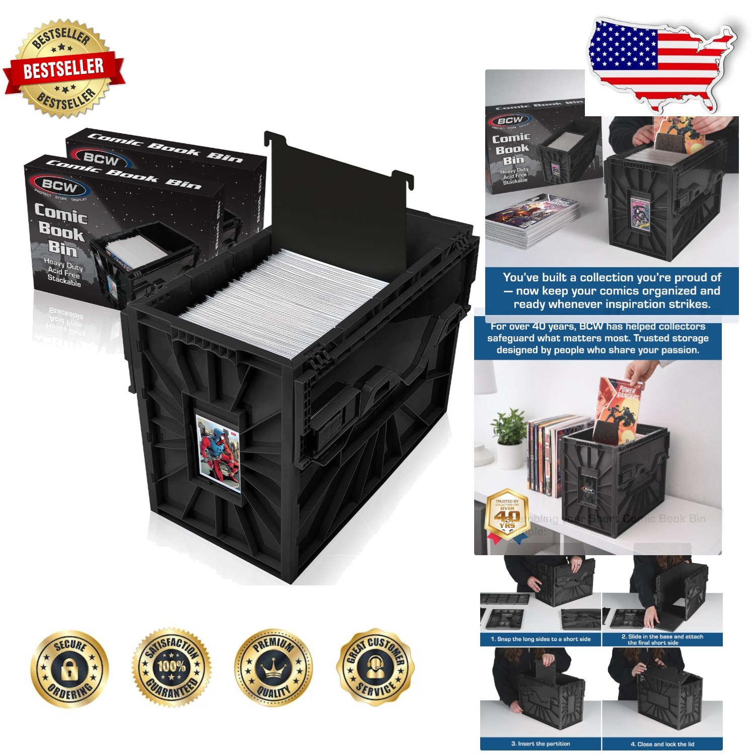 Heavy Duty Comic Storage Bins - 2 Pack Black - Stackable, Impact Resistant, L...