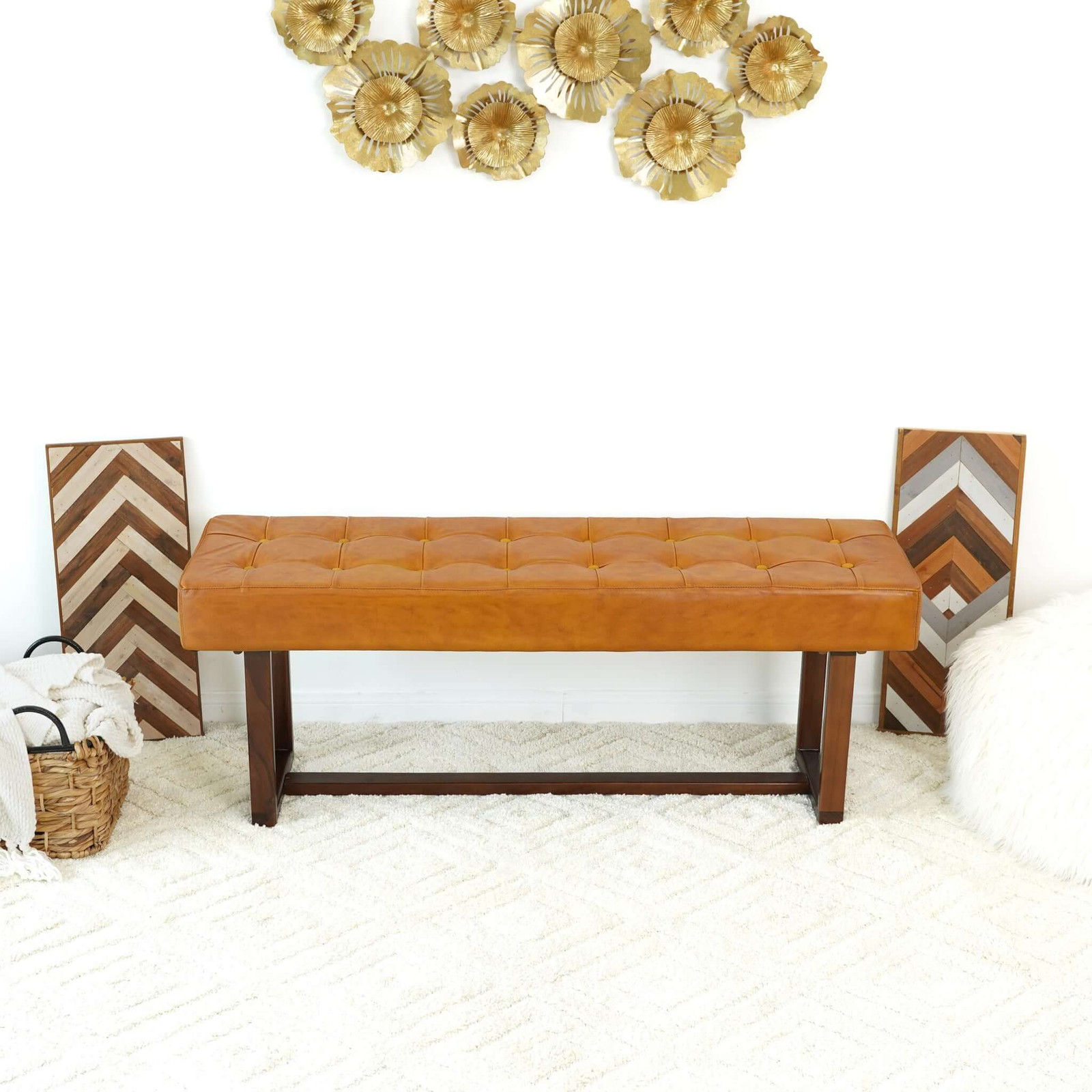 51 Inch Mid Century Modern Tan Leather Bench Solid Wood Frame 17.5 Inch Height