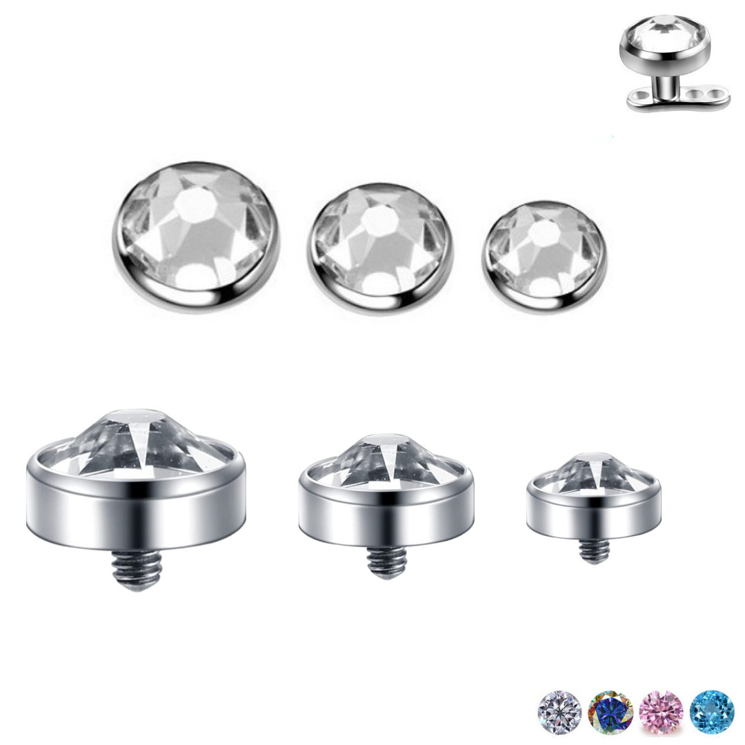 16G CLEAR FLAT CZ 3,4,5MM Flat STEEL DERMAL ANCHOR TOP HEAD internally threaded