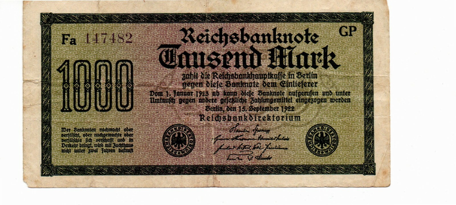 1922 Germany 1000 Mark Banknote - Fine  # 22890
