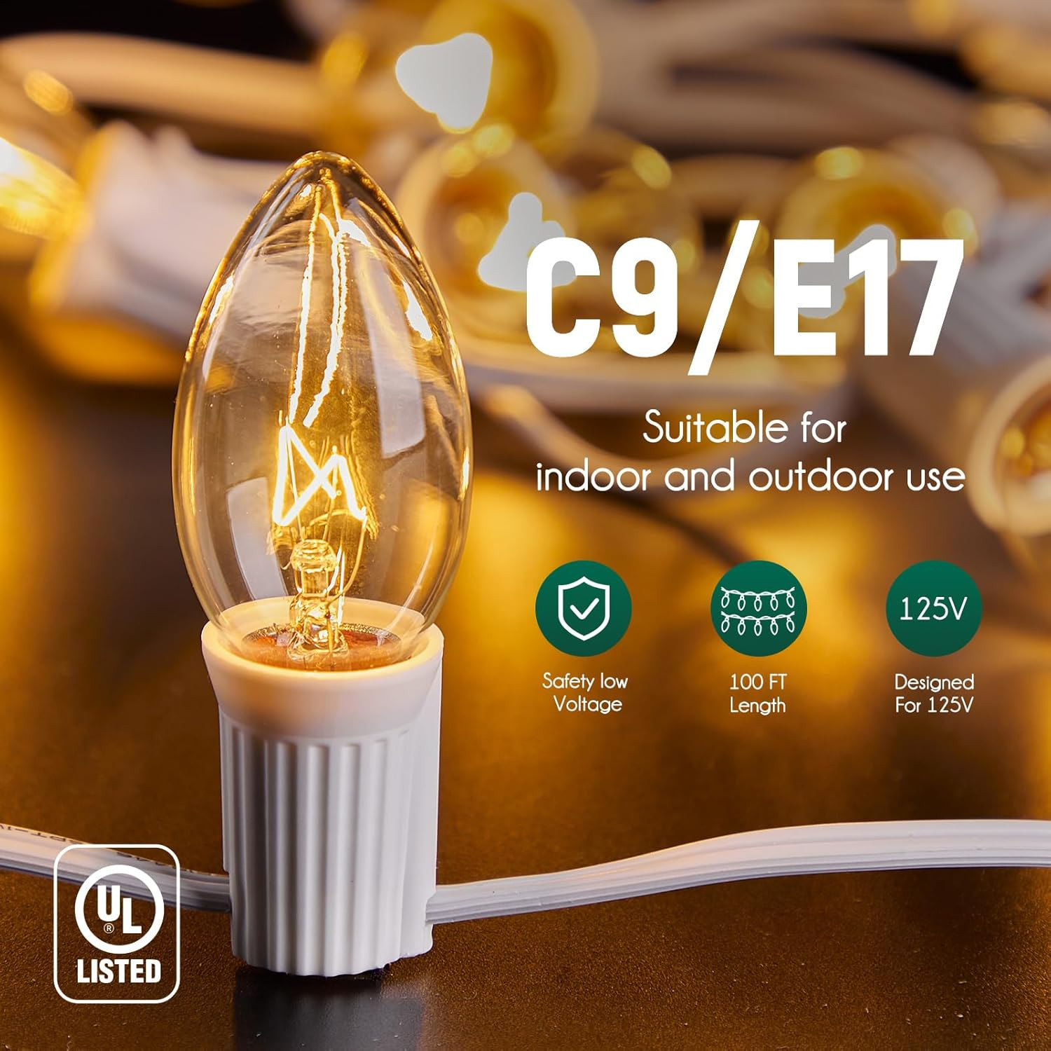 C9 Light Strand 100 FT for E17-12 Spacing, Outdoor String Light Christmas String