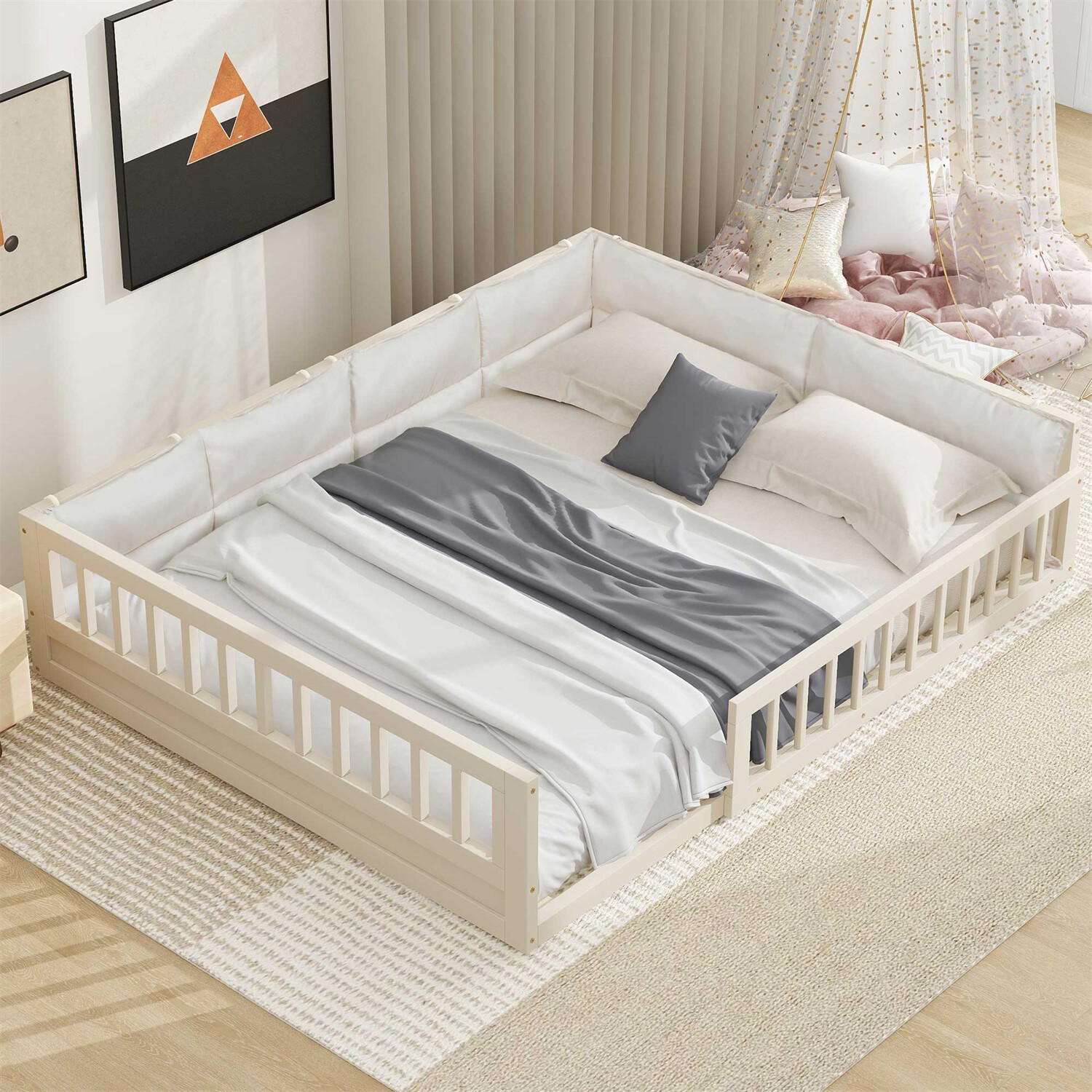 Full Size Bed Frame Upholstered Platform Bed Frame w/ Headboard Beige US