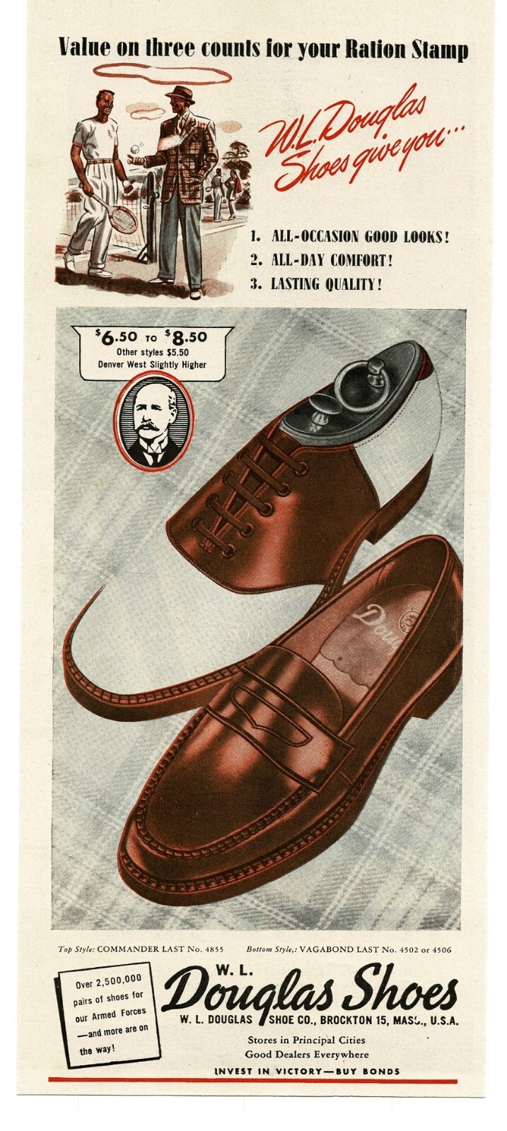 1945 Douglas Shoes Saddle Penny Loafer WWII Buy War Bonds Vintage Print Ad