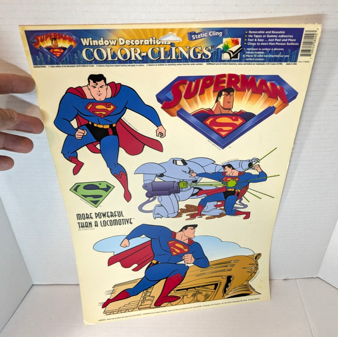 1996 Animated Superman Static Cling Peel Off Window Decoration 17"x9.5" Larg