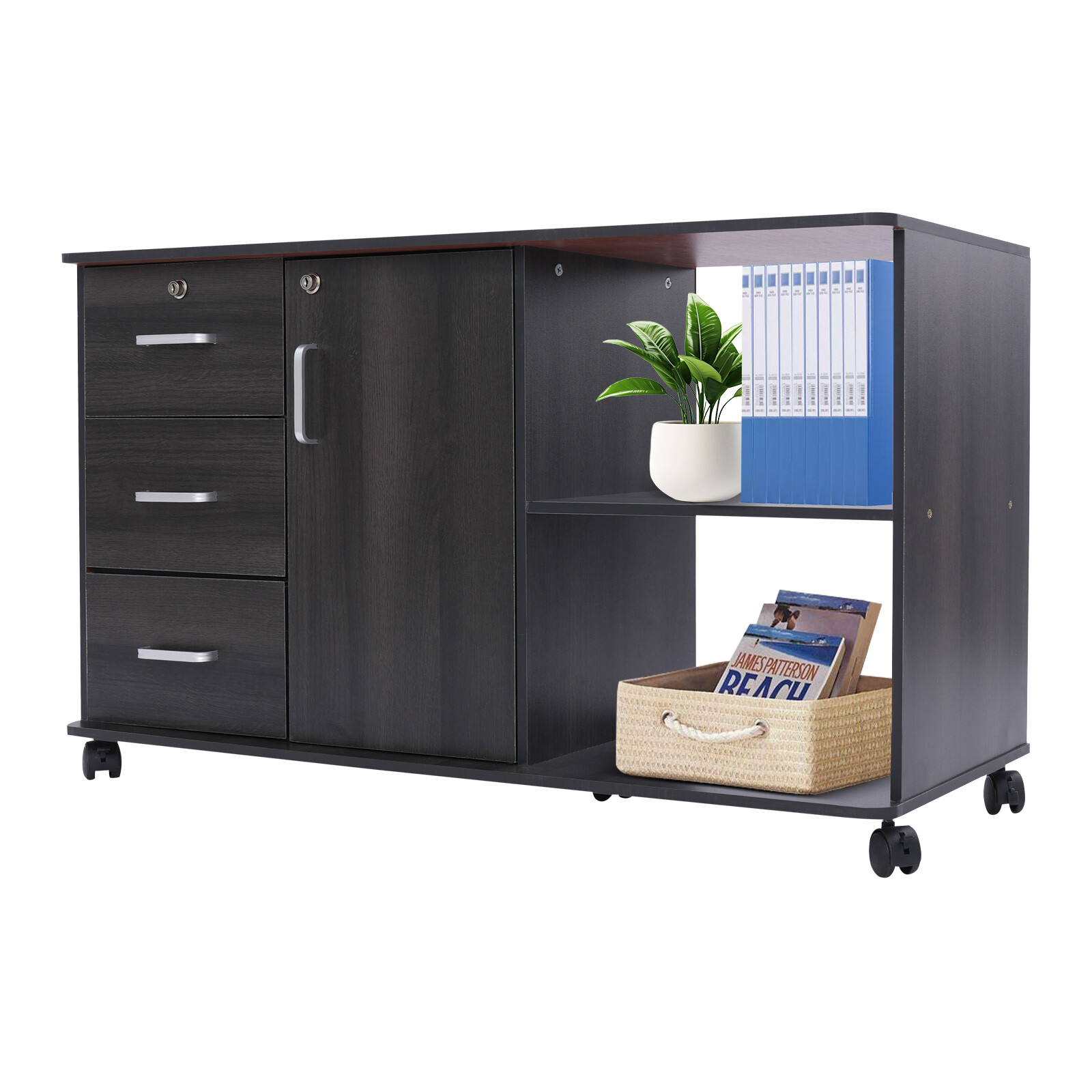 3 Drawers 2 Compartments Mobile File Cabinet Locking File Cabinet MDF 1 Cabinet