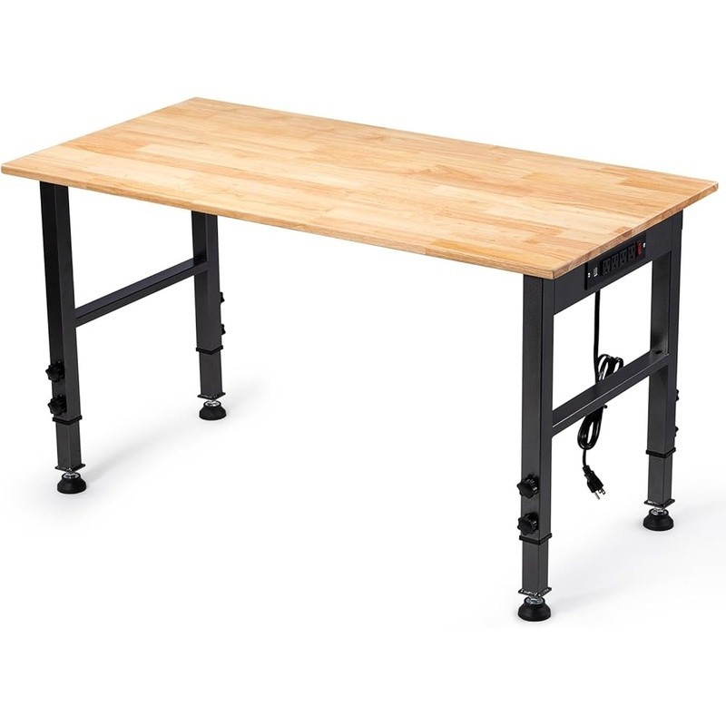Adjustable Height Rubber Wood Workbench W/ Power Strip & Stability Feet 48"