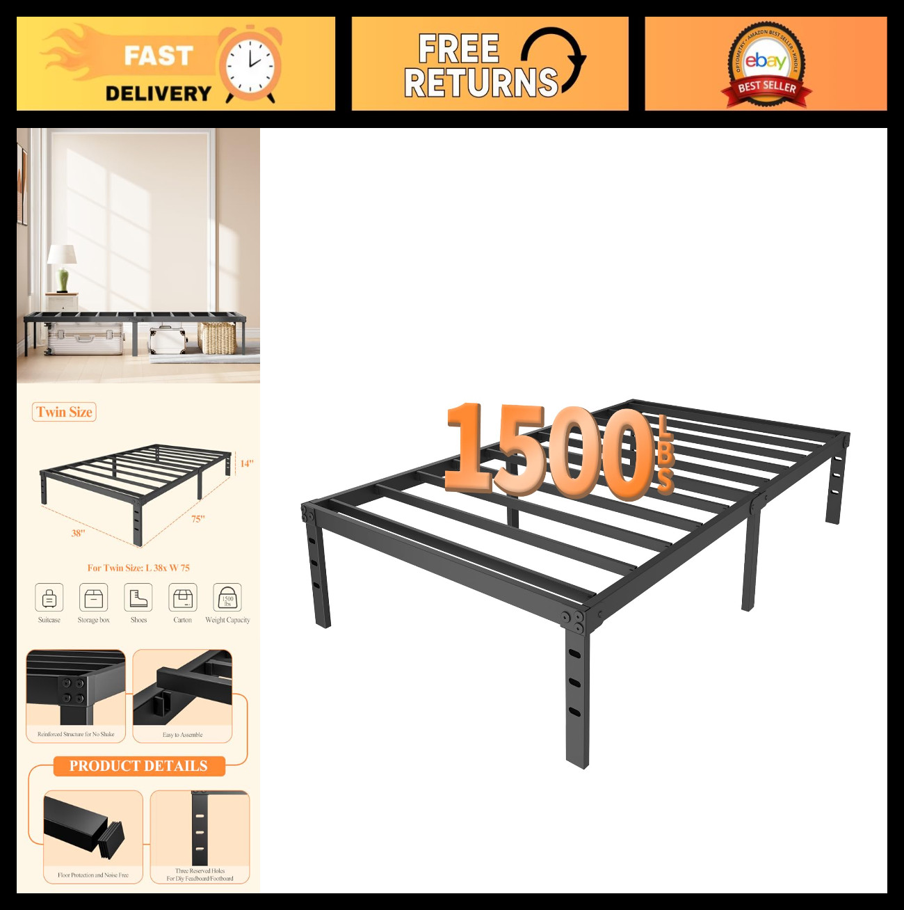 Heavy Duty 14" Twin Metal Bed Frame with Underbed Storage, Sturdy Steel Slats, E