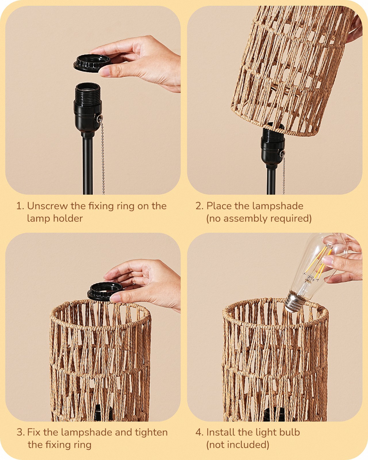 EDISHINE Rattan Table Lamp, Boho Nightstand Lamp with Pull Chain, E26 Socket