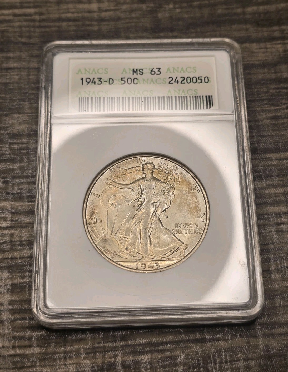 1943 D Toned Walking Liberty Half Dollar Anacs Soap Box