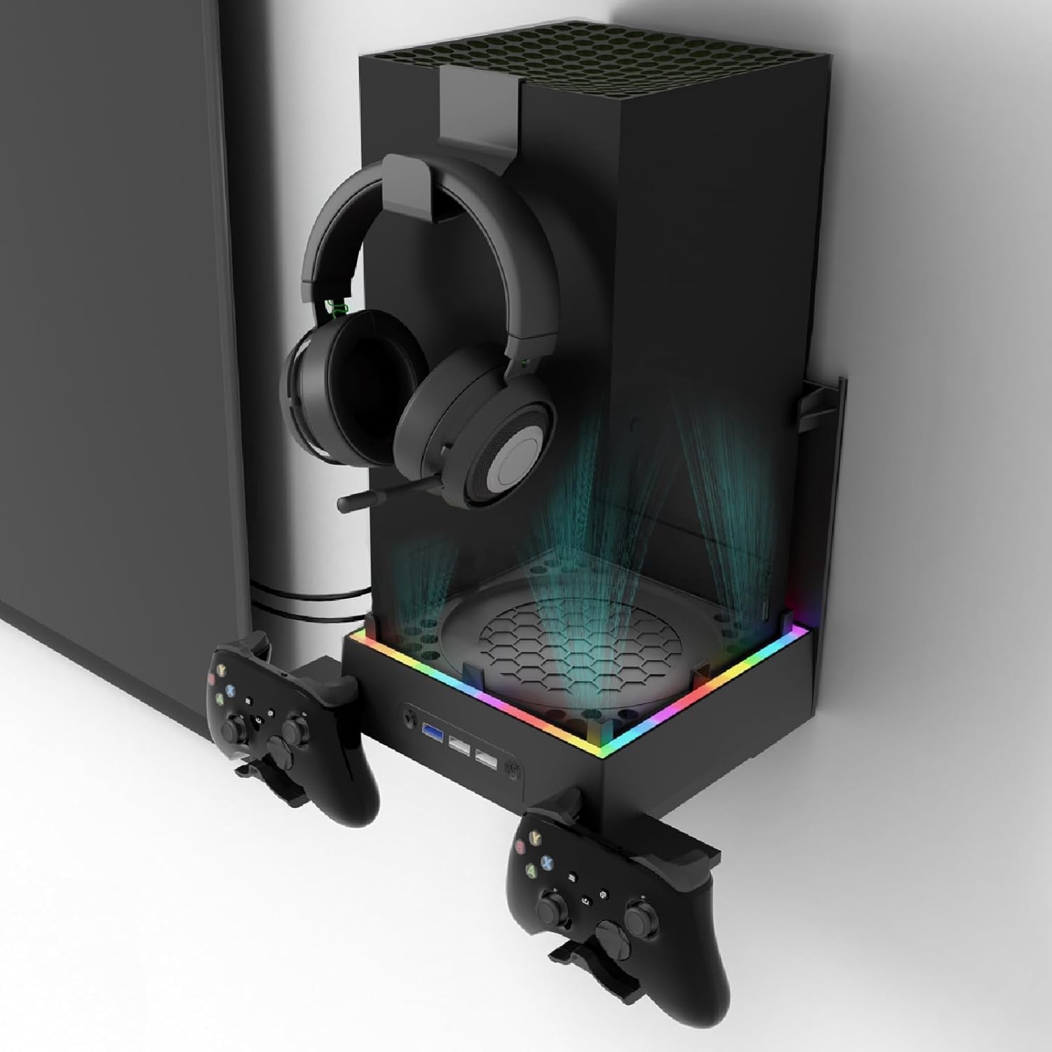"For Xbox Series X Wall Mount Cooling Stand RGB Lights 3-Speed Fan USB Hub Holde