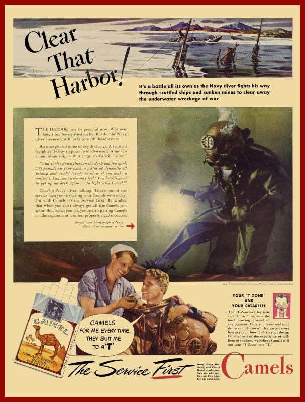 1945 Camel Cigarettes NEW Metal Sign: US Navy Divers Clearing World War 2 Harbor