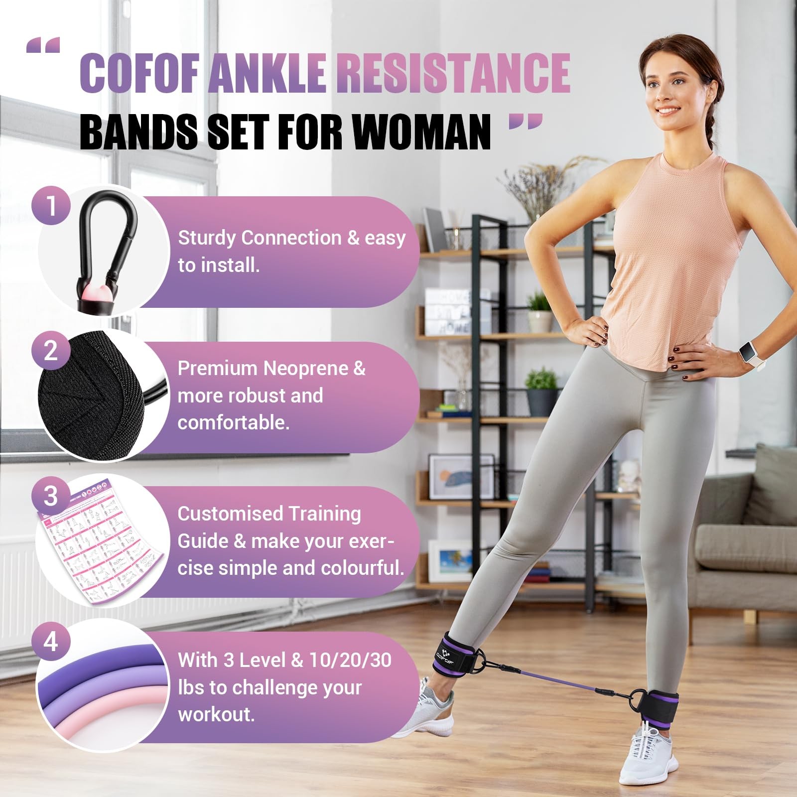 Ankle Resistance Bands with Cuffs, for Working Medium, Purple