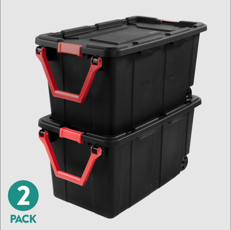 2 Pack 40 Gal Rolling Heavy Duty Plastic Storage Box Bin Home Garage Organizer