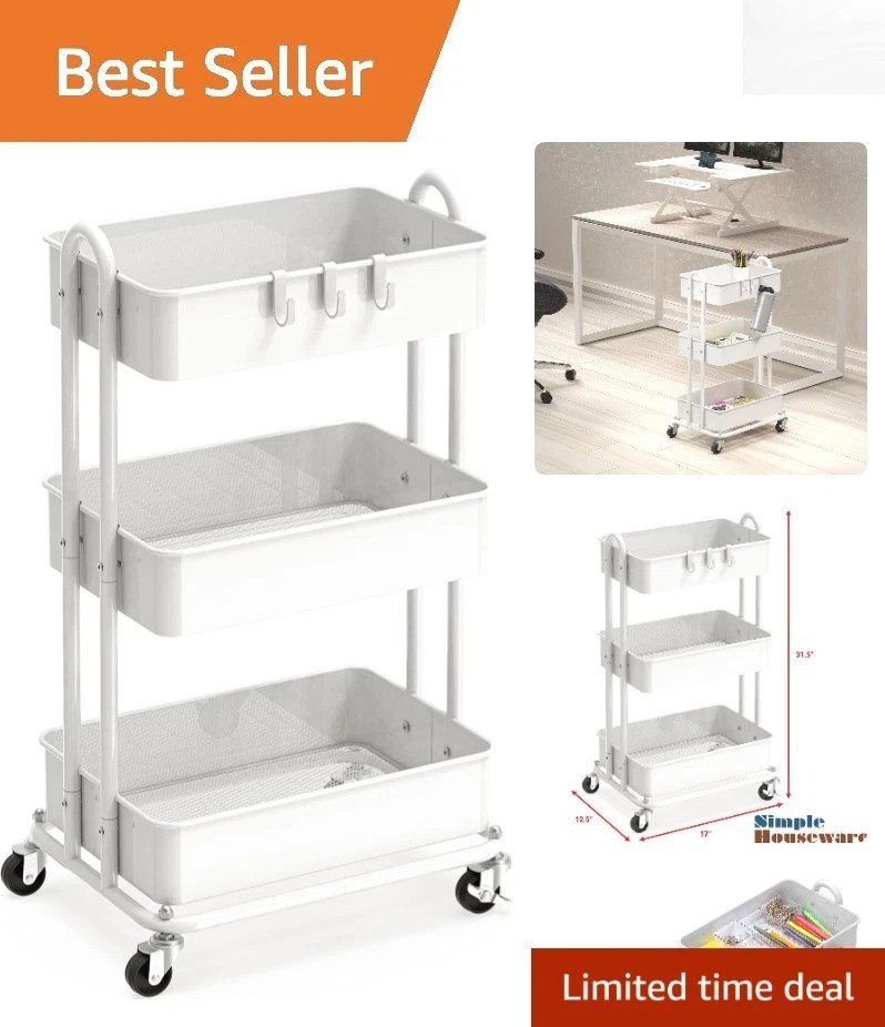 Elegant 3-Tier Heavy Duty White Metal Utility Rolling Cart with Locking Casters