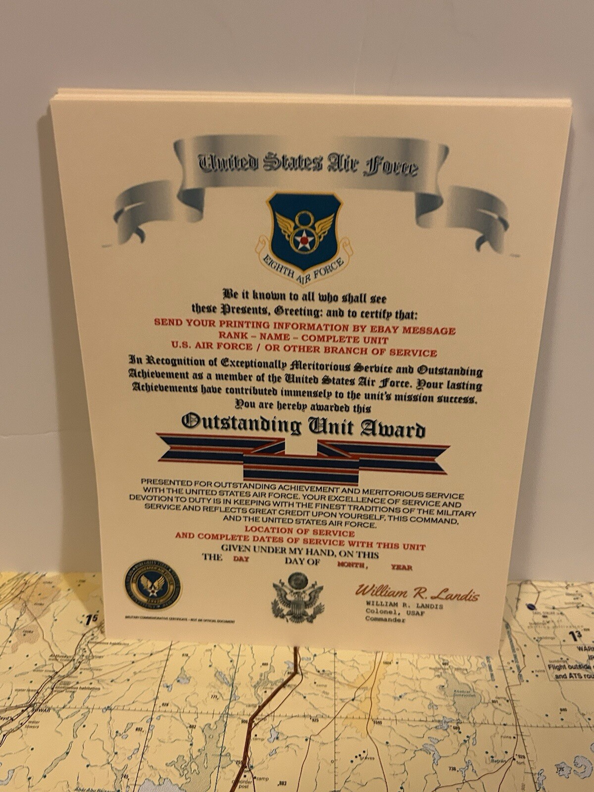 U.S. AIR FORCE / EIGHTH AIR FORCE - OUTSTANDING UNIT AWARD CERTIFICATE