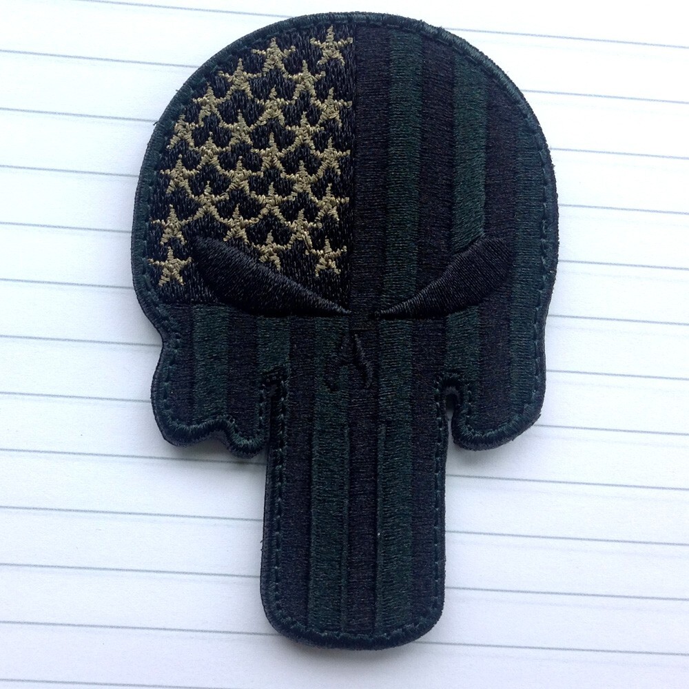 PUNISHER SKULL US AMERICAN FLAG ARMY MILSPEC AIRSOFT HOOK LOOP PATCH GREEN