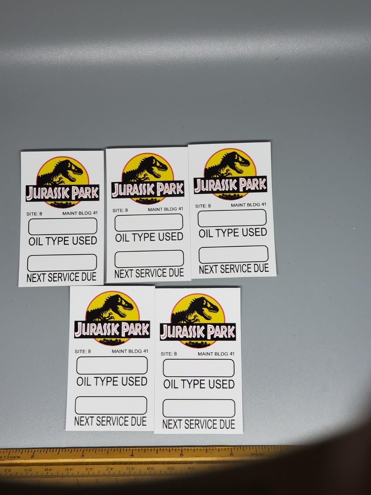 (5)- Jurassic Park Vehicle Oil Change Stickers jeep wrangler Ford explorer