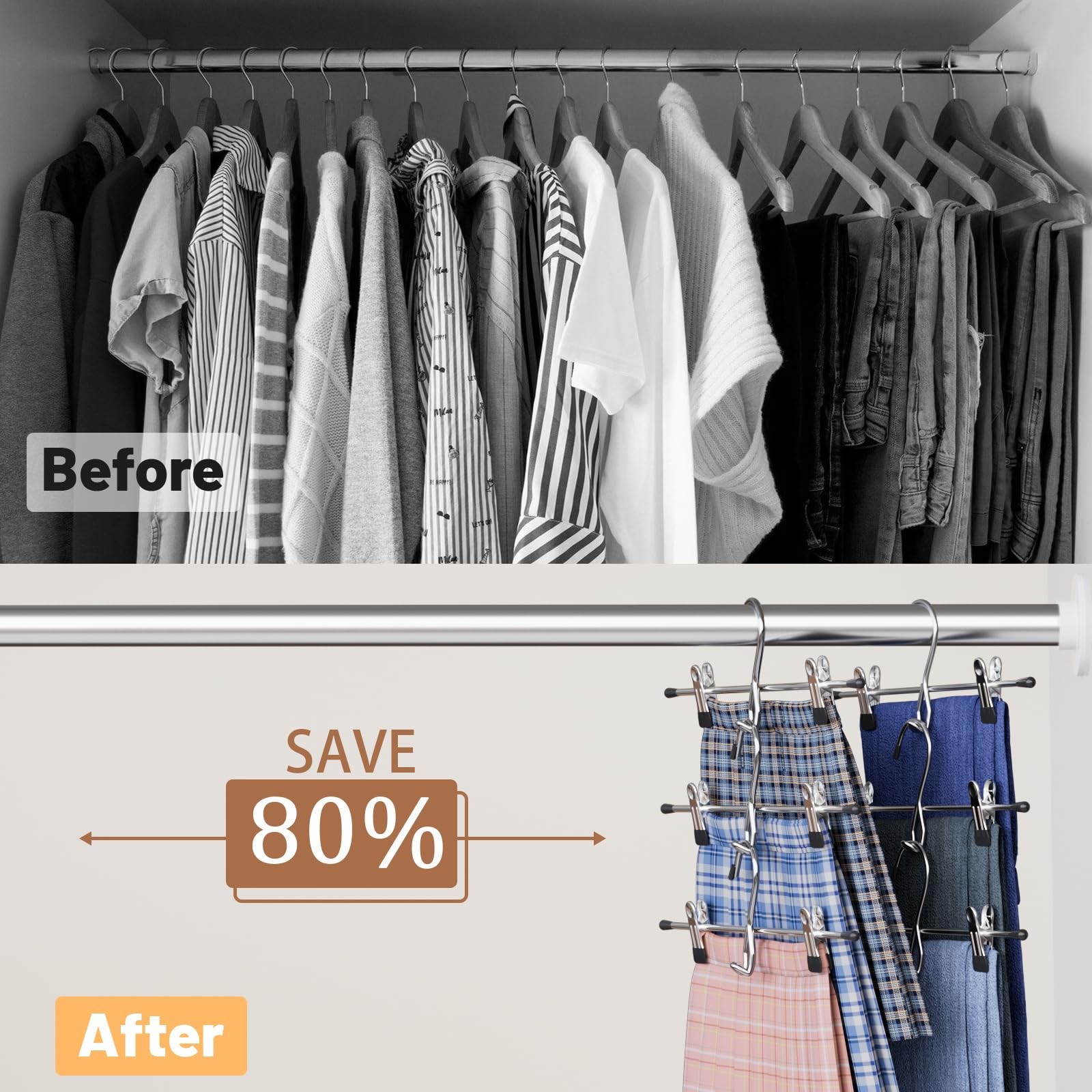 Pants Hangers Space Saving,Stackable Skirt Hangers with Clips, Hanging Closet...