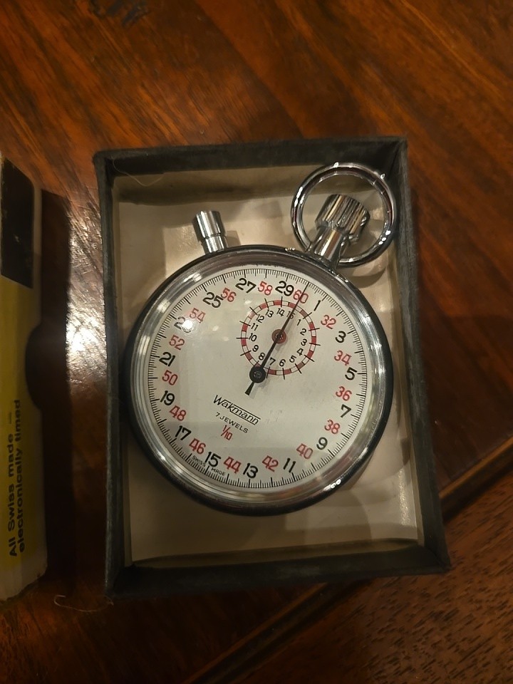 Vintage Wakmann 7 Jewels 1/5 Mechanical Stopwatch 1/10 Swiss Made w/ Box - Works