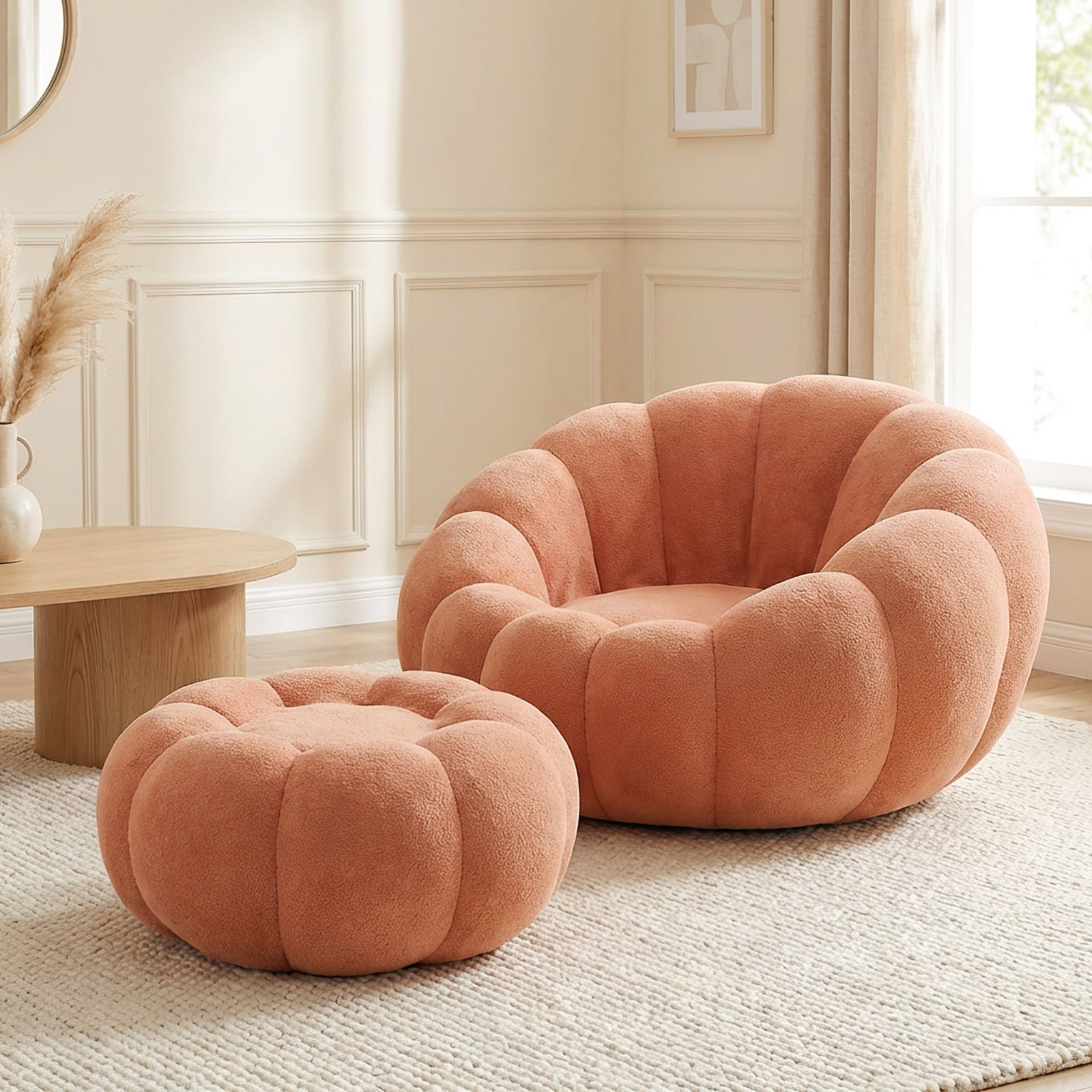 Pumpkin Shape Lounge Chair & Footstool - Brown