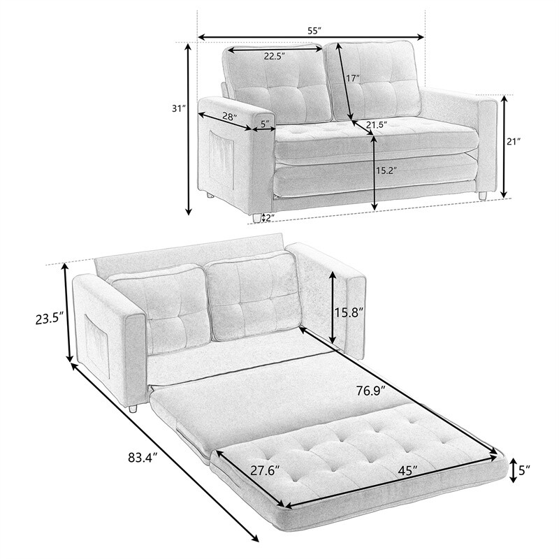 3-in-1 Fold Sofa Convertible Futon Pull Out Sofa Bed Sleeper Chair Loveseat