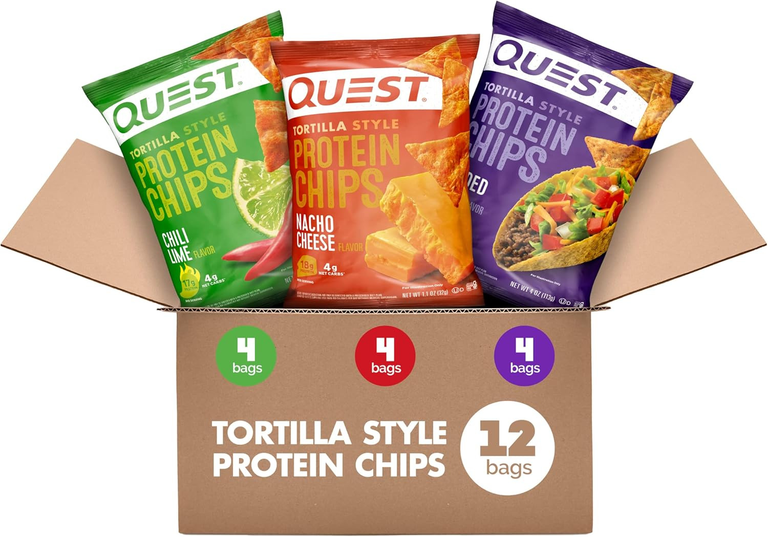 Nutrition Tortilla Style Protein Chips Variety Pack, Chili Lime, Nacho Cheese, L
