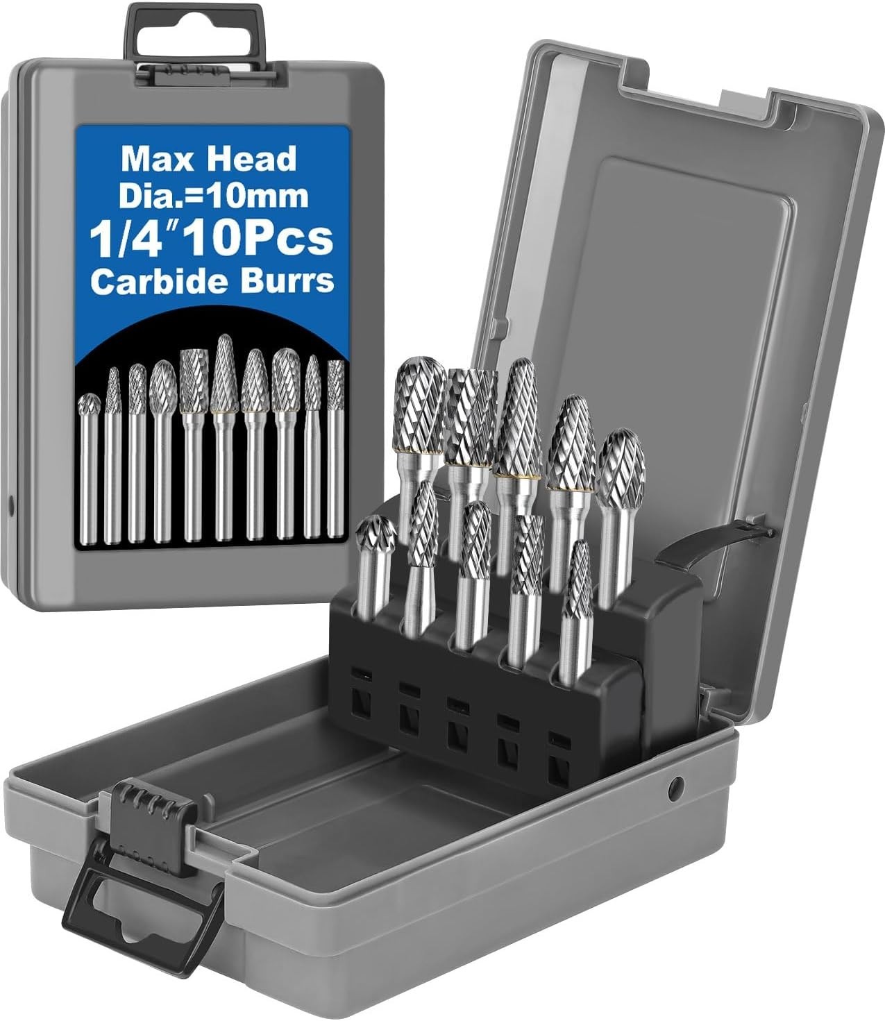 10Pcs Carbide Burr Set 1/4 Shank w/Grey Box Max Head Dia 10mm Die Grinder Bits R