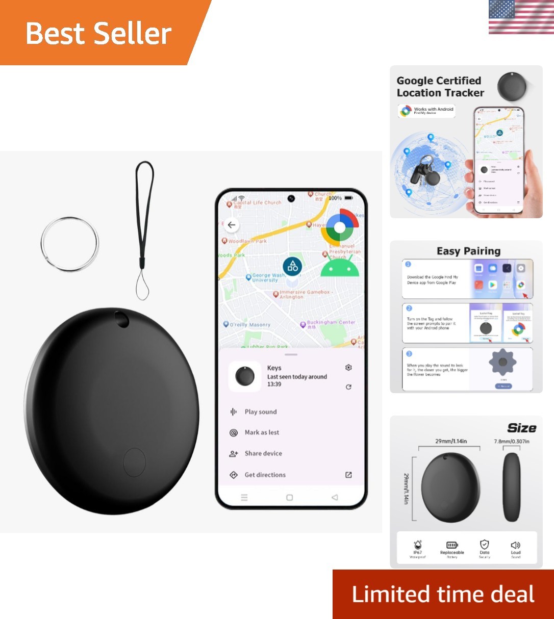 Google Certified Waterproof Bluetooth Tracker - Long Battery Life, Replaceable