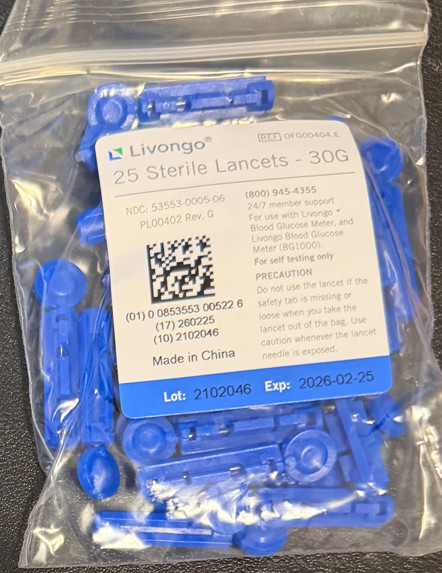 NEW! Livongo 30G Sterile Lancets Qty 200 (16 Packages of 25)  EXP 02-25-2026