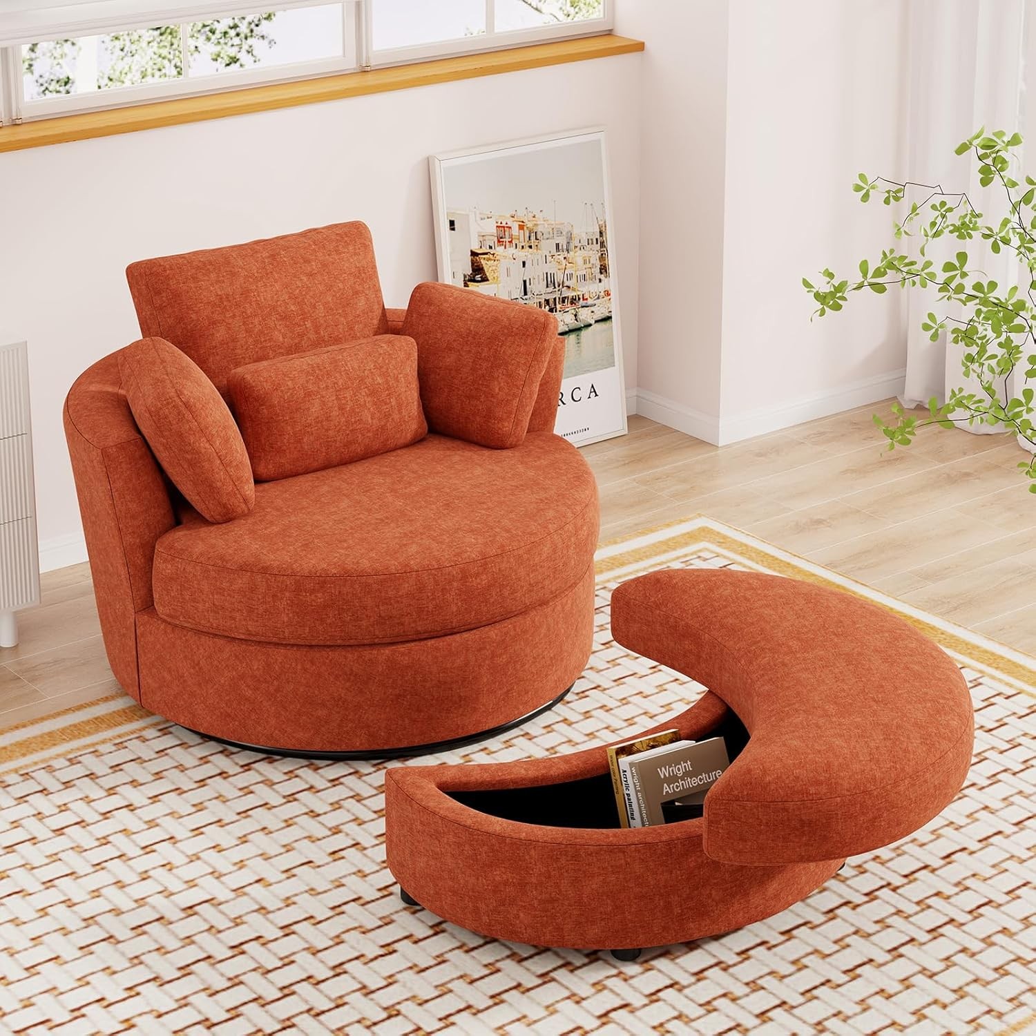42" W Oversized Swivel Accent Chair with Half Moon Storage Ottoman