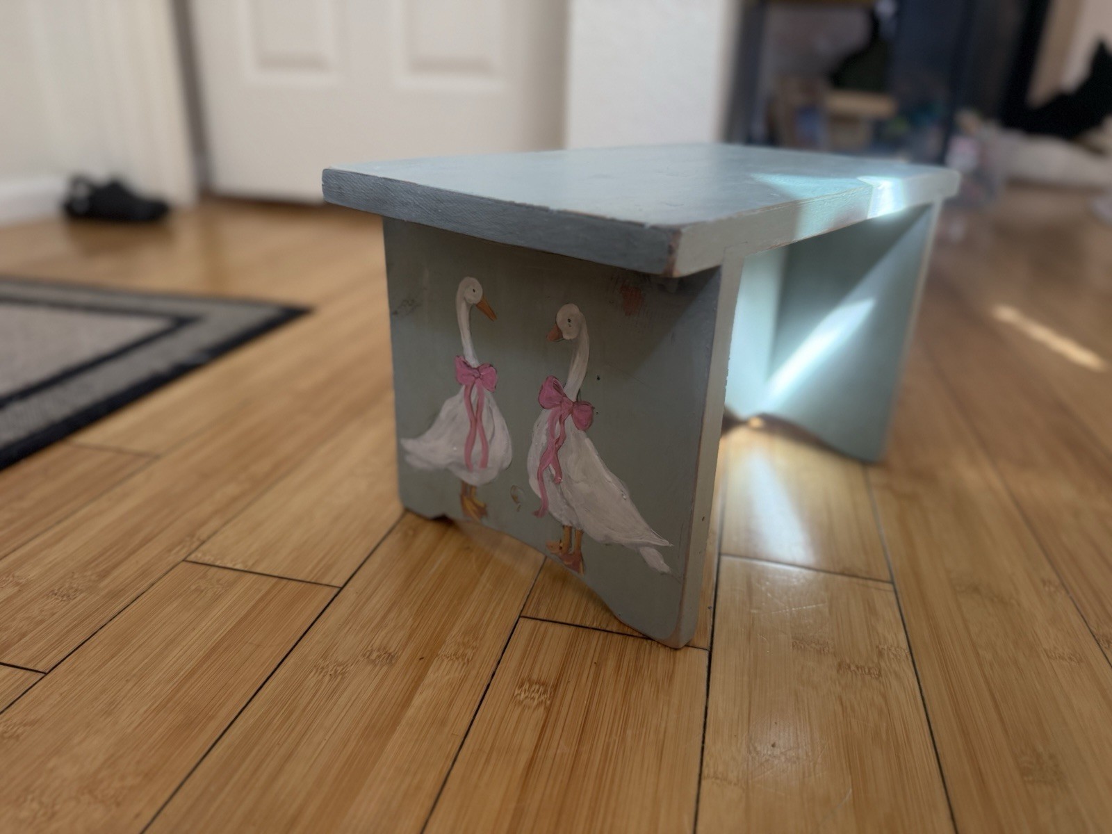 Two Silly Geese Hand Painted Foot Stool Signed by Artist