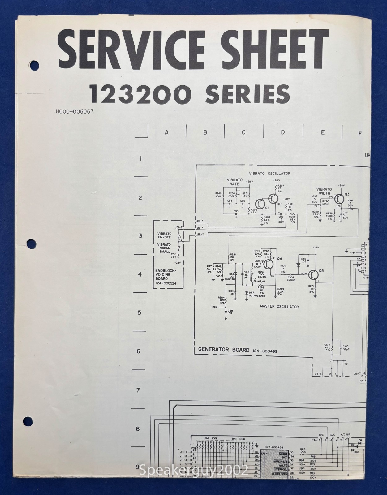 Original Hammond Organ Service Sheet / 123200 Series