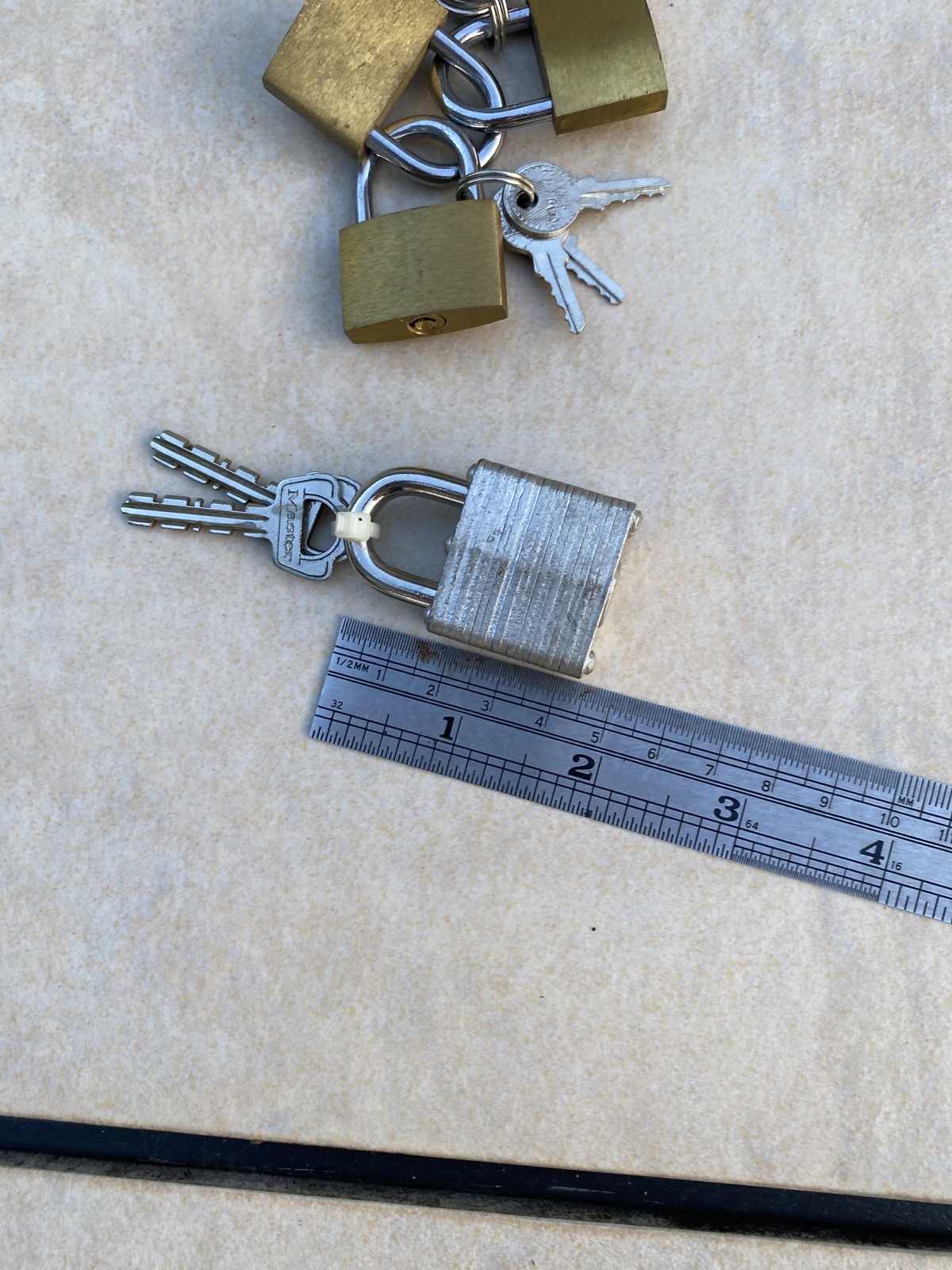MasterLock (2” tall) & 3 small locks w keys. Travel. Suitcase? Silver Padlocks