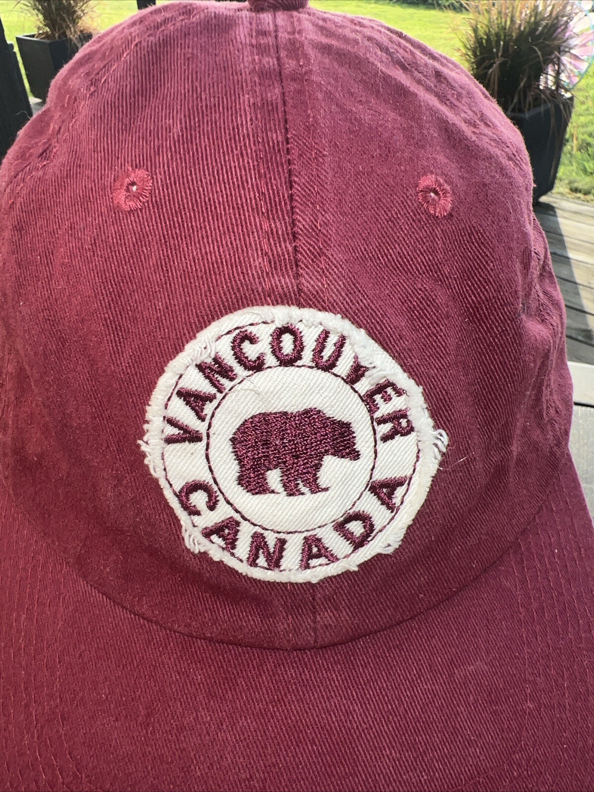 Vancouver Canada Bear DIstressed Bear Patch on Maroon Hat Cap Strap Buckle EUC