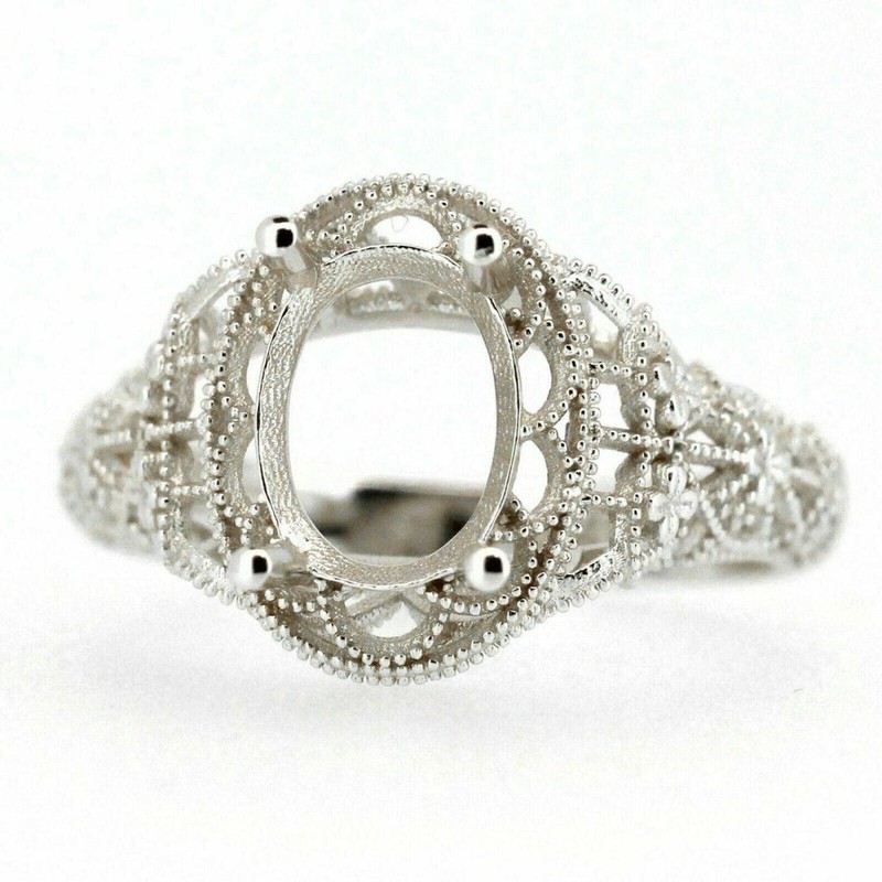 925 Sterling Silver 9x7mm Oval Semi Mount Ring Vintage Filigree Milgrain Frame