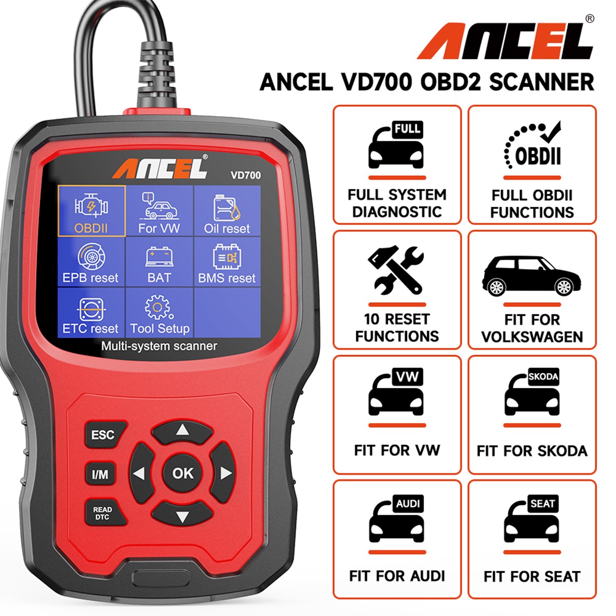 ANCEL VD700-US All System Diagnostic ABS SRS DPF Car OBD2 Scanner Code Reader