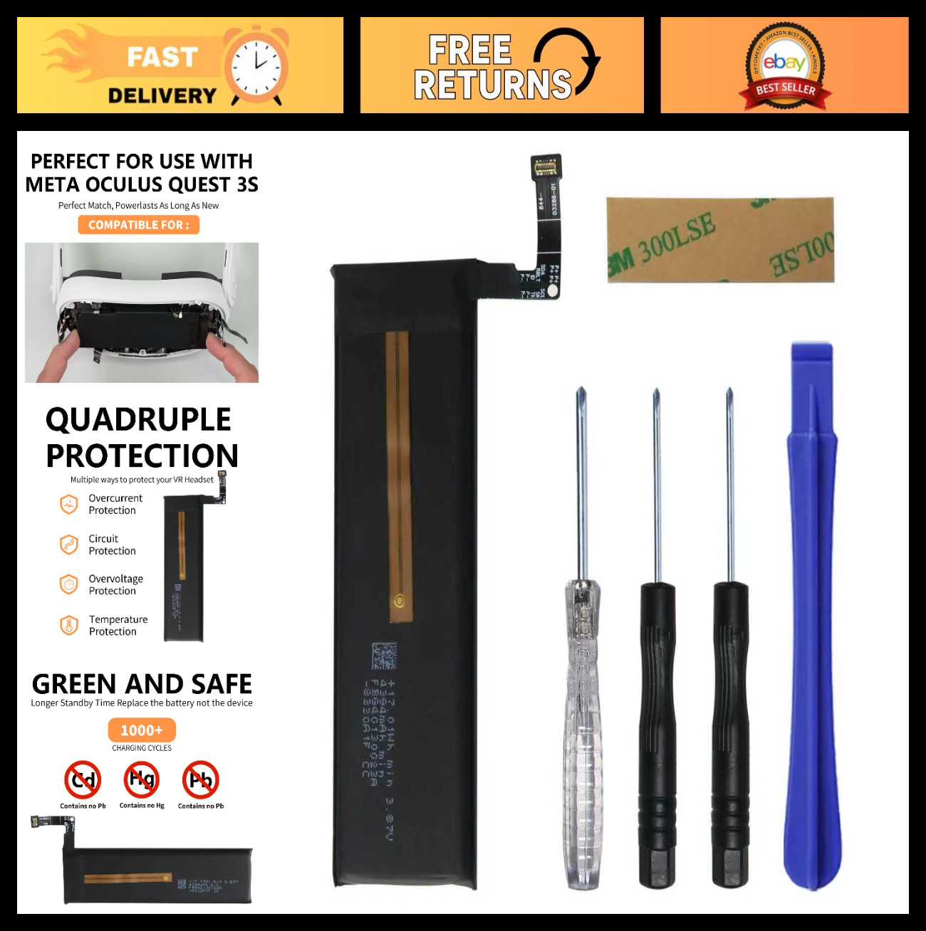 VR Headset Internal Battery Replacement Kit for Meta Quest 3S - 4394mAh Upgrade