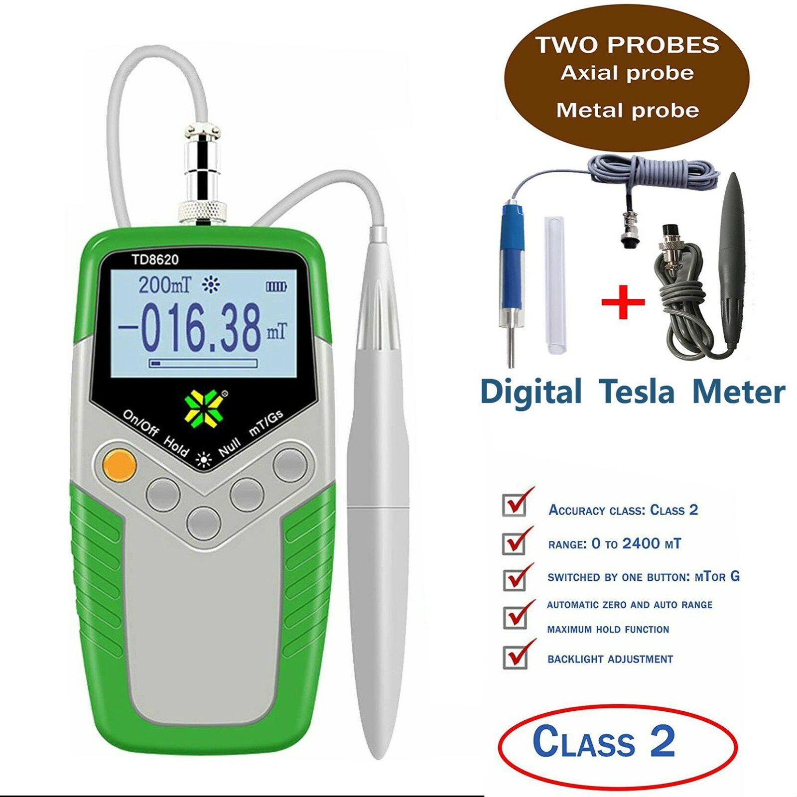 Digital Tesla Gauss Meter Surface Magnetic Field Tester 2% with Axial/Hall Probe